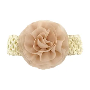 Bandeau bébé avec fleur en mousseline et dentelle élastique souple en couleur abricot