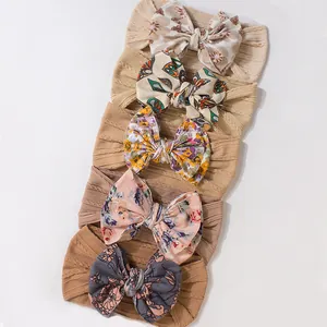 Set of 5 floral bow baby headbands in vintage brown tones with soft elastic fabric