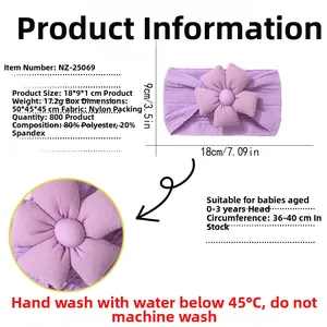 Tableau des tailles pour bandeau bébé violet avec fleur, dimensions 18x9x1cm incluses