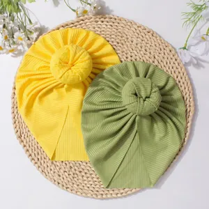 Bonnets turbans pour bébés en coton côtelé jaune et vert avec un joli nœud doux