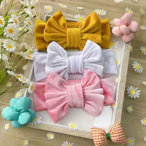 Lot de 3 bandeaux bébé en velours avec nœuds en jaune, blanc et rose pour fillettes