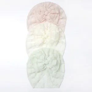 Three-pack breathable lace baby beanies with bow in pink beige and green shades
