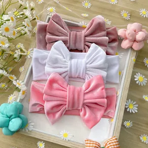 Lot de 3 bandeaux bébé en velours avec grands nœuds doux en rose et blanc