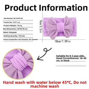 Detailed size guide for purple waffle knit nylon bow headband for infants and babies