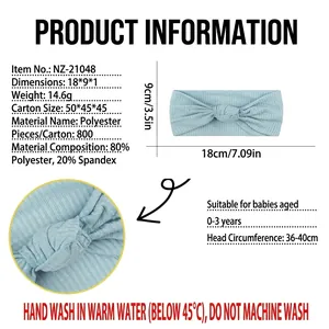 Dettagli fascia neonato: misura 18x9cm, tessuto a coste elastico con nodo a torsione