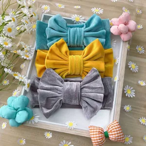 Lot de 3 bandeaux bébé en velours avec grands nœuds en bleu, jaune moutarde et gris