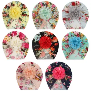 Set of 8 floral baby turban hats with gold sequins and layered fabric flowers