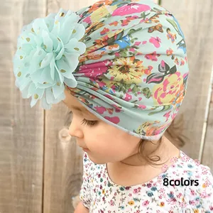 Baby Girl Floral Turban Hat Gold Stamping Flower Infant Toddler Beanie Soft Elastic Pullover Hat For Daily Photography Accessory