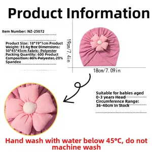 Detailed size chart for pink floral baby beanie with fabric specs and washing guide