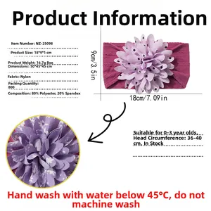 Detail of floral jacquard nylon baby headband showing size info and soft fabric texture