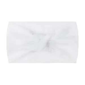 Soft white nylon knotted headband for babies and toddlers with elastic fabric design