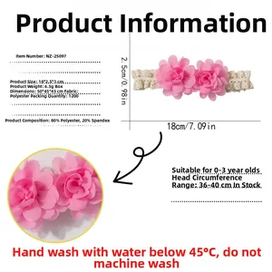 Size specifications and material details for baby lace flower headband with dimensions