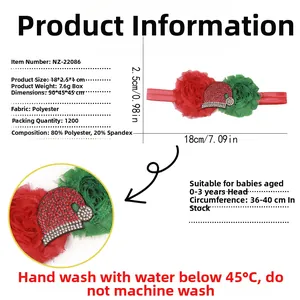 Detailed specs for Santa floral baby headband showing polyester fabric and size guide