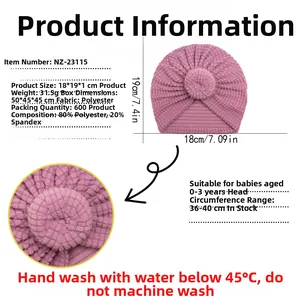 Detailed size chart for pink knit turban baby hat showing 18x19cm dimensions and fabric