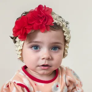 Close-up of a baby lace headband featuring two large red chiffon flowers for infants