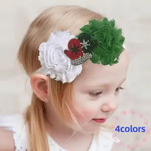 Polyester Chiffon Christmas Baby Headband Rhinestone Santa Claus Hat Glove Pattern Elastic Hair Band For Infant Toddler Girls Holiday Party Decor