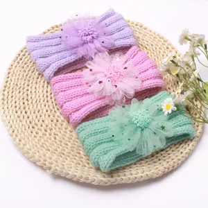 Lot de 3 bandeaux bébé tricotés avec fleurs en tulle violet, rose et vert menthe doux