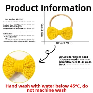 Detailed size and material specs for the yellow knitted baby bow headband, 0-3 years