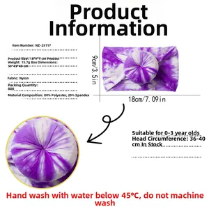 Detail view of purple tie-dye nylon baby headband with 18x9cm size and stretch features