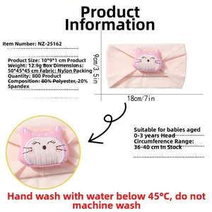 Tableau des tailles bandeau bébé en nylon avec broderie chat rose et détails matières