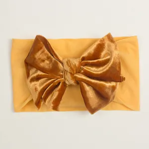 Bandeau bébé en velours jaune moutarde avec nœud doux et tissu nylon élastique