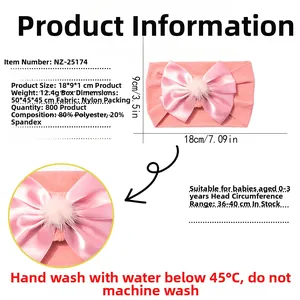 Detailed chart showing pink nylon baby headband size with pompom bow measurements