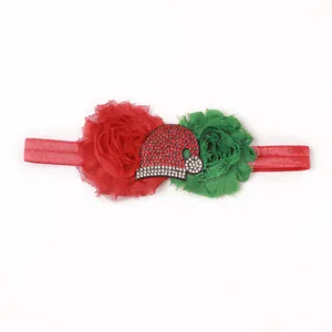 Christmas baby headband with red green chiffon flowers and rhinestone Santa hat detail