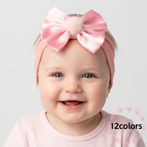 Elastic Nylon Baby Headband Soft Large Satin Bow With Pom Pom Hair Accessories For Infant Toddler Girls Daily Party Hairband