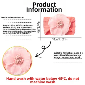 Detailed size chart for pink floral infant headband with dimensions and fabric specs