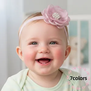 Baby Meisjes Elastische Bloem Hoofdband Met Imitatieparel Gaas Chiffon Bloemen Haarband Voor Peuter Fotografie Haaraccessoires