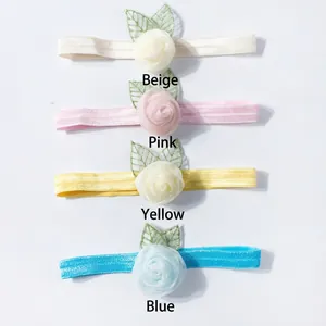 Detailed set of 4 stretchy baby headbands with 3D mesh flowers in beige pink yellow blue