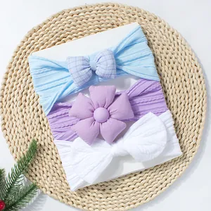 Lot de 3 bandeaux bébé avec nœud à carreaux bleu et fleur violette en nylon extensible