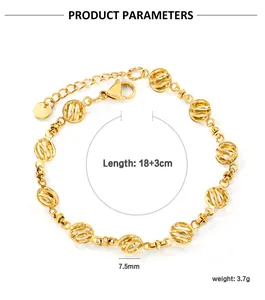 Detailed size chart for golden hollow bead bracelet with lobster clasp and chain