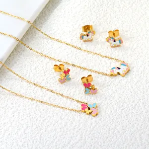 Sweet Stainless Steel Gold Plated Enamel Unicorn Butterfly Jewelry Set Rainbow Animal Necklace Earrings Bracelet For Kids Girls Women Cartoon Jewelry