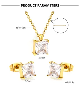 Detailed specs of square zircon jewelry set with 7x7mm pendants and 40+5cm gold necklace