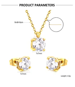 Detail view of gold-tone square cubic zirconia jewelry set with size and length parameters