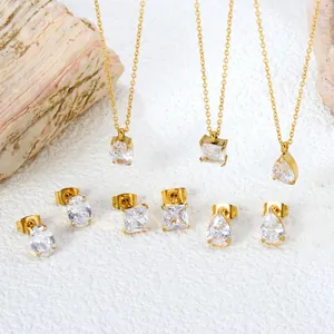 Stainless Steel Zirconia Necklace And Earrings Collection For Women Gold Silver Heart Waterdrop Square Elegant Jewelry