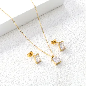 Elegant gold-plated stainless steel jewelry set with rectangular white zircon stones