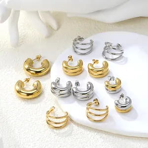 Women Minimalist Stainless Steel C-Shaped Hoop Earrings Gold Silver Plated Multi-Layer Geometric Geometric Stud Earrings Jewelry