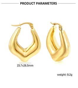 Detailed view of chunky 18k gold plated stainless steel U-shape earrings with dimensions