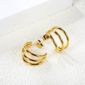 Double-layered 18k gold plated C-shaped stainless steel hoop earrings for women