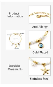 Vue détaillée du bracelet de cheville or 18k avec breloques coquillage, perle et mauvais œil