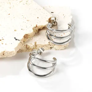 Minimalist silver stainless steel triple layered C-shaped stud earrings for women