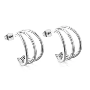 Minimalist stainless steel triple C-shaped stud earrings with polished silver finish