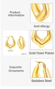 Detailed specs of chunky 18k gold plated U-shaped anti-allergy stainless steel earrings
