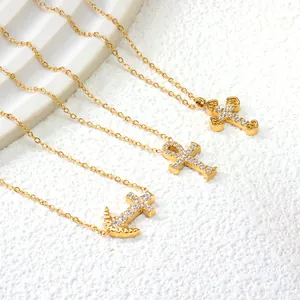 Roestvrij Staal Verguld Zirkonia Kruis Hanger Halsketting Voor Vrouwen Ankh Levenssleutel Hart Dubbele Ring Elegante Sieraden