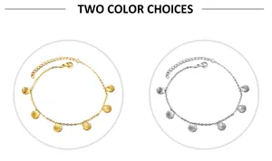 Close-up of shell charms on gold and silver stainless steel anklets with lobster clasp