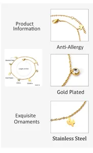 Detail view of 18K gold plated cactus anklet with zircon, showing clasp and dimensions