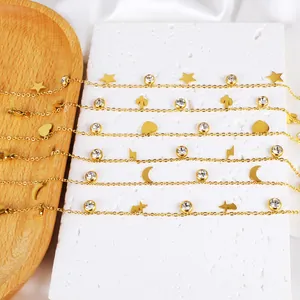 Minimalist 18K gold plated stainless steel anklet set with various stylish charm pendants