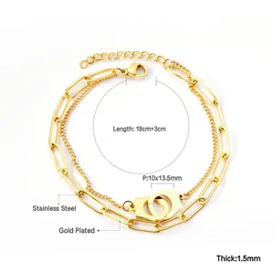 18k gold plated stainless steel double layer bracelet with handcuff charm and link chain